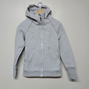 Lululemon Scuba Hoodie *Classic Cotton Fleece Gray White Parallel Stripe 4 EUC